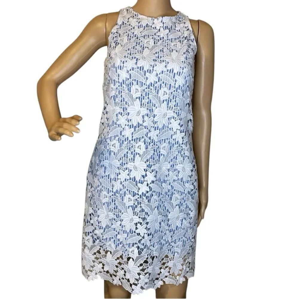 United Colors Of Benetton Sleeveless Shift Lace Dress White Over Blue Stripes XS